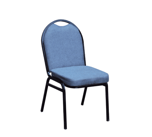 Banqueting / Conference Chair stackable event chair with blue or grey fabric upholstery, padded seat and backrest, and durable chrome frame