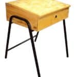 Wooden slanted-top school desk with a lockable storage compartment and black metal frame.