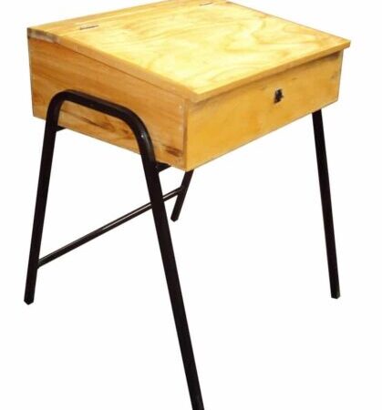 Wooden slanted-top school desk with a lockable storage compartment and black metal frame.