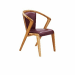 Modern wooden Sydney chair with curved arms and maroon padded seat and backrest.
