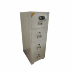 Fireproof four-drawer filing cabinet with digital safe lock on the top drawer, compact design in light grey.