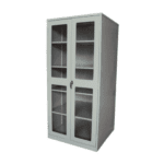 Tall light grey 7-foot medicine cabinet with glass doors and four interior shelves.
