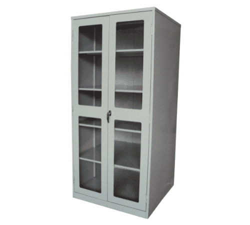 Tall light grey 7-foot medicine cabinet with glass doors and four interior shelves.