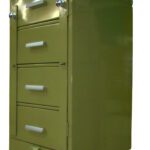 Metal four drawer cashier till cabinet with rectangular handles and a solid front design