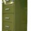Metal four drawer cashier till cabinet with rectangular handles and a solid front design