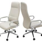 Grey high-back PU office chair with chrome armrests and a five-star chrome base on castor wheels.