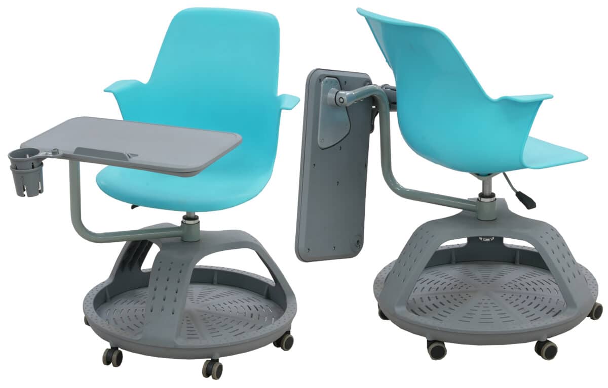 AIC - PLASTIC MEETING CHAIR WITH WRITING ARM ON CASTORS - Blue-Grey - Image 1