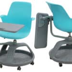 Blue plastic meeting chair with a swivel writing arm and grey base on castor wheels.