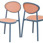 Modern plastic chairs with blue frames and woven-style orange seats and backrests, featuring a sleek oval back design and sturdy legs.