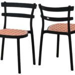 Modern black plastic chairs with curved backrests and patterned brown seats, featuring a sleek minimalist design suitable for indoor or outdoor spaces.