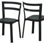 Black polypropylene chairs with a minimalist double-slat backrest and sturdy molded frame, suitable for indoor and outdoor seating.