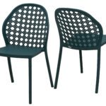 Stylish dark green plastic chairs featuring rounded backs with an open lattice design and smooth solid seats, ideal for indoor or outdoor use.