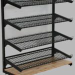 Single-sided bread display stand with four wire shelves, designed for neat and accessible presentation of bakery products
