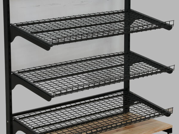 Single-sided bread display stand with four wire shelves, designed for neat and accessible presentation of bakery products