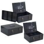 Metal cash box with a rectangular shape, dual locking mechanisms on the front, and a compact build.