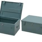 Dark grey rectangular metal cash carrying box with a key lock and two padlock fittings on the front.