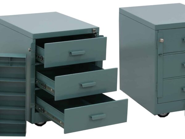 Dark grey metal 3-drawer cashier till cabinet with lockable drawers and smooth sliding rails.