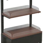 Cashier till display unit with vinyl wrap shelves in Doak finish, featuring a sleek SM Black frame and compact design for organized counter display.