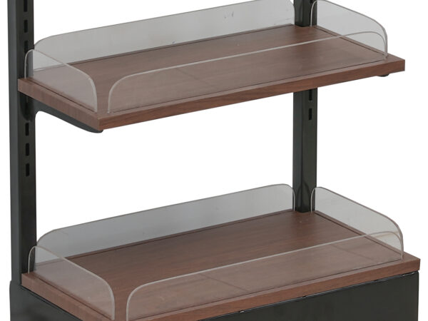 Cashier till display unit with vinyl wrap shelves in Doak finish, featuring a sleek SM Black frame and compact design for organized counter display.