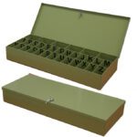 Olive green metal card tray holder with alphabetical dividers and a secure key lock