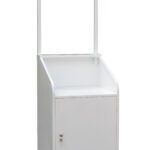 White document check podium with lockable door on castors, measuring 570mm x 600mm x 1995mm(h).