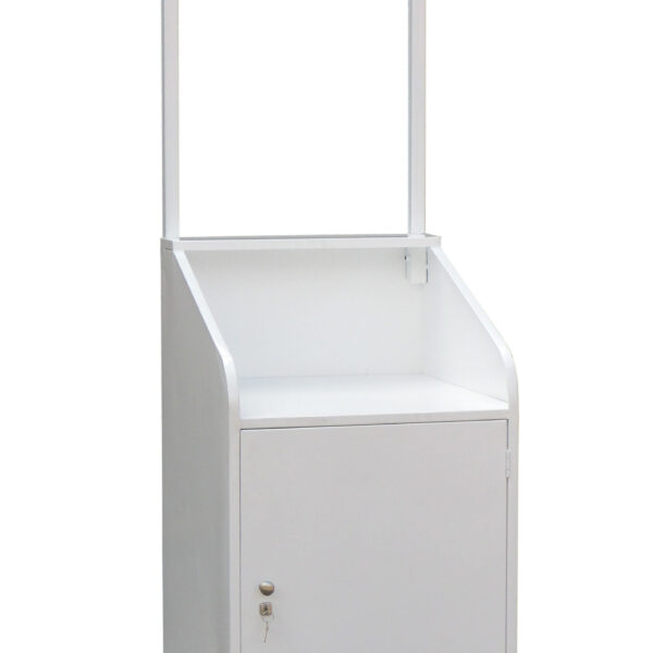 White document check podium with lockable door on castors, measuring 570mm x 600mm x 1995mm(h).