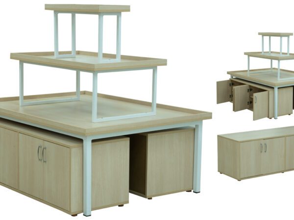 Display unit measuring 1.6m x 1.2m(d) x 1.4m(h) with a Zalzack Beech wooden base cabinet and white frame, ideal for elegant retail or showroom product presentation.