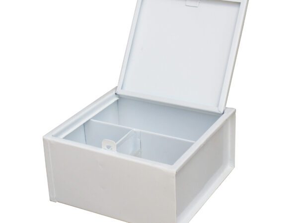 White first aid box with three inner compartments and padlock fitting, lid open to show internal storage