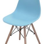 Plastic PP chair with a curved backrest, blue cushioned seat, and four wooden legs reinforced with a metal cross frame
