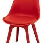 Red plastic PP chair with matching red PU seat cushion and four angled legs.