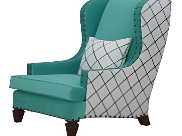 A modern wingback armchair with teal upholstery, white patterned sides, and dark wooden legs, paired with a matching geometric cushion.