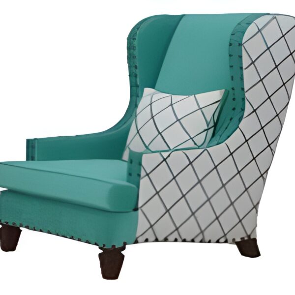 A modern wingback armchair with teal upholstery, white patterned sides, and dark wooden legs, paired with a matching geometric cushion.