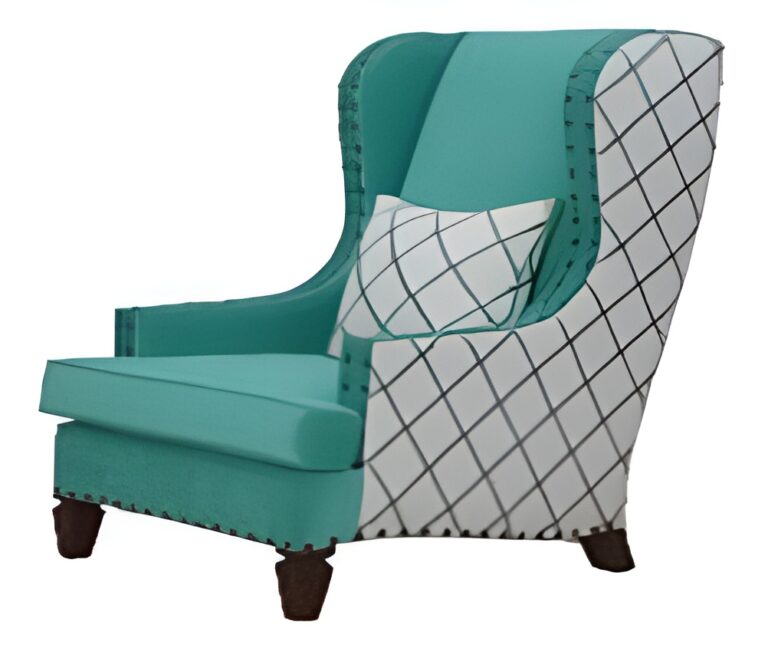 A modern wingback armchair with teal upholstery, white patterned sides, and dark wooden legs, paired with a matching geometric cushion.