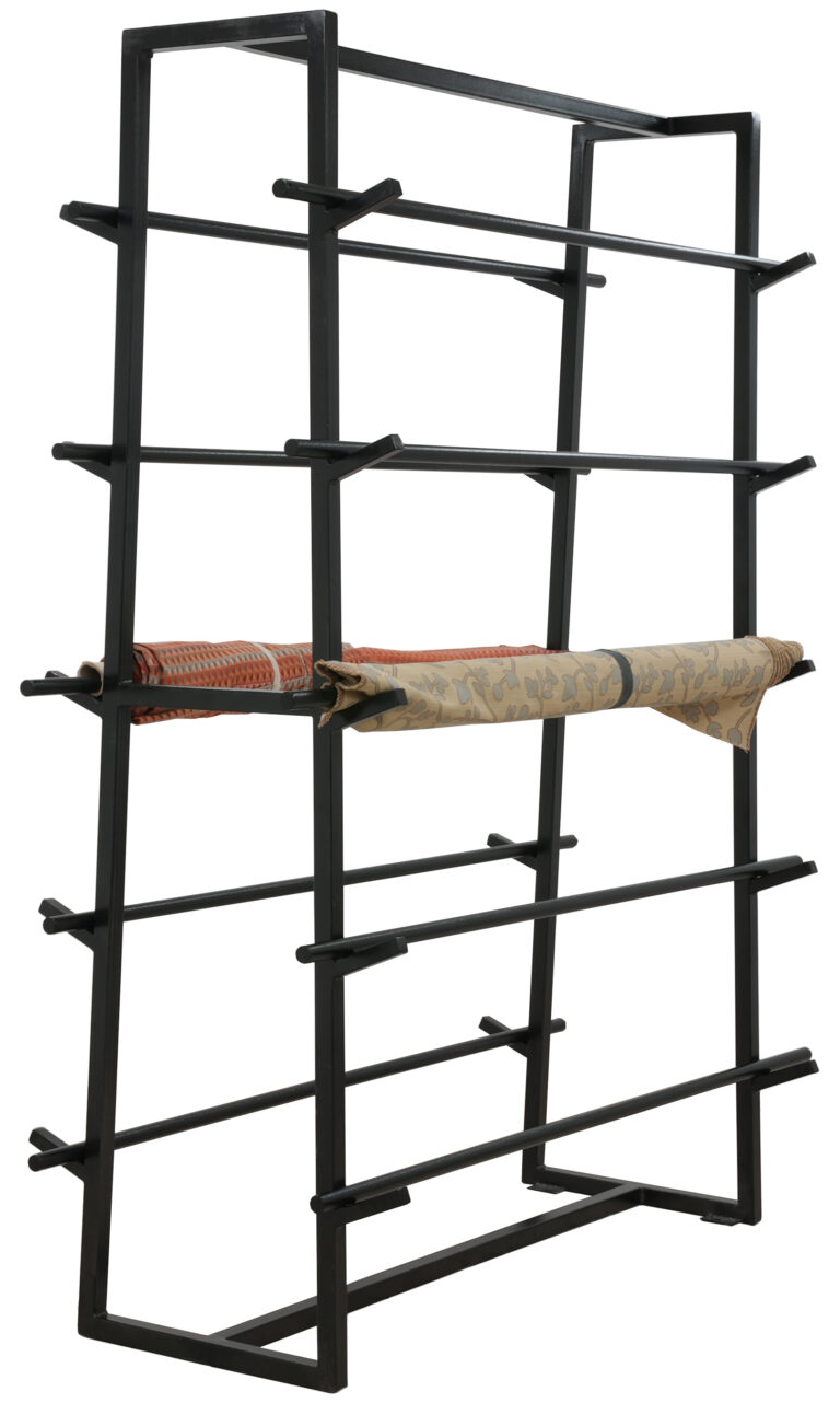 Black double sided cantilever rack designed for securely holding and displaying multiple fabric rolls in retail or warehouse settings