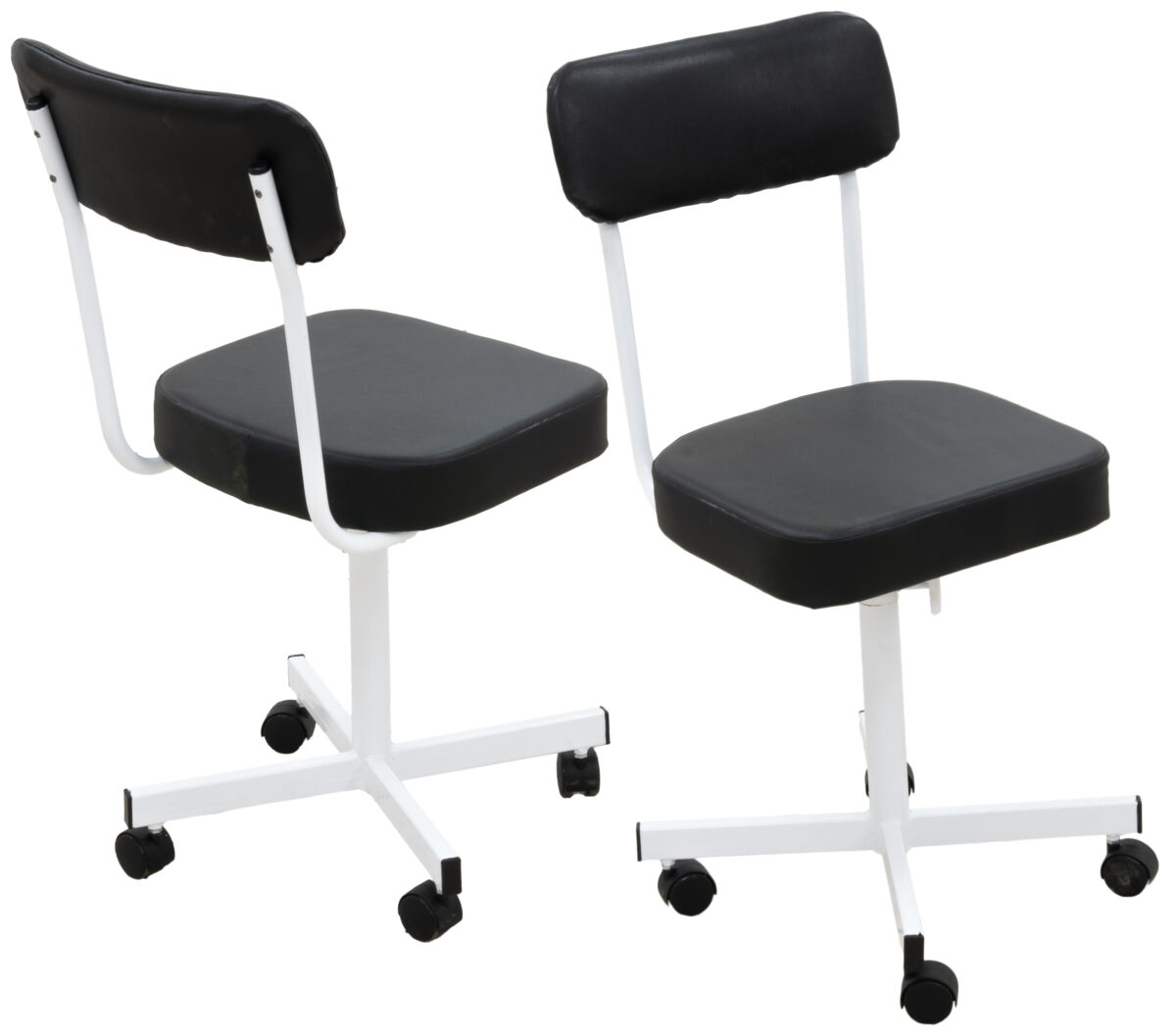 Black PVC typist chair with cushioned seat and backrest, white metal frame, and rolling caster wheels.