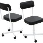 Black PVC typist chair with cushioned seat and backrest, white metal frame, and rolling caster wheels.