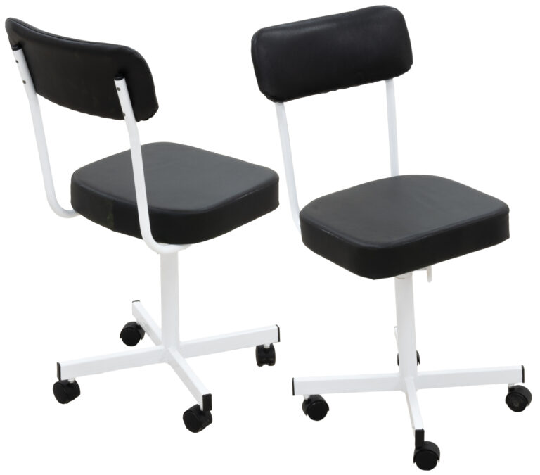 Black PVC typist chair with cushioned seat and backrest, white metal frame, and rolling caster wheels.