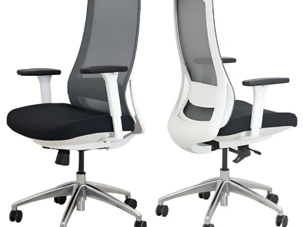 Ergonomic high back office chair with fabric seat, breathable mesh backrest, and adjustable base.