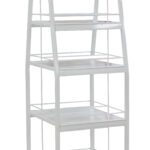 White double sided metal display stand with three shelves and a base on castors for easy mobility.