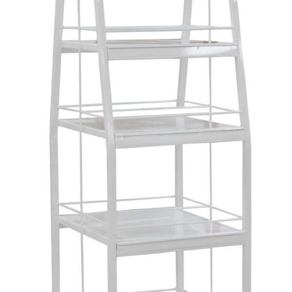 White double sided metal display stand with three shelves and a base on castors for easy mobility.