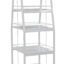 White double sided metal display stand with three shelves and a base on castors for easy mobility.