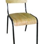 Secondary school chair with a wooden seat and backrest supported by a sturdy black metal frame.