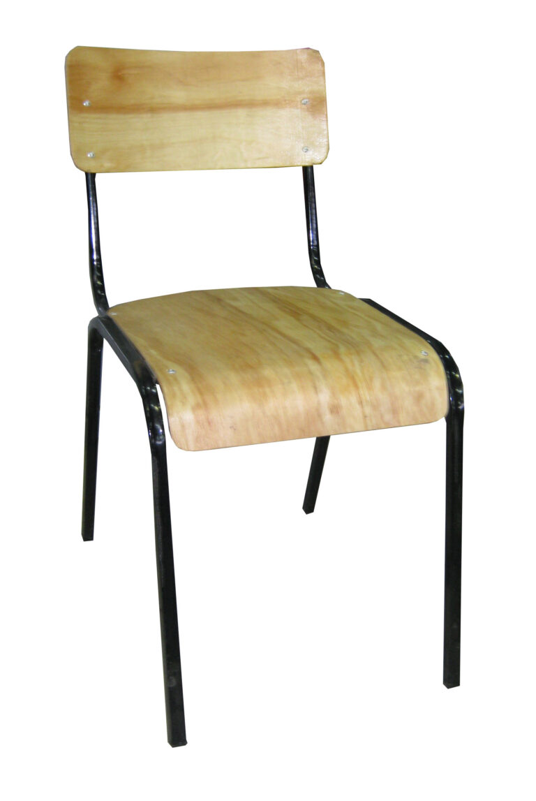 Secondary school chair with a wooden seat and backrest supported by a sturdy black metal frame.