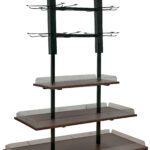 Display unit with three wide dark oak vinyl wrap shelves, black steel frame, and rolling castors for easy mobility.