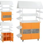 Mobile food cart with white metallic canopy, orange base, side shelves, and lockable storage compartments on castors