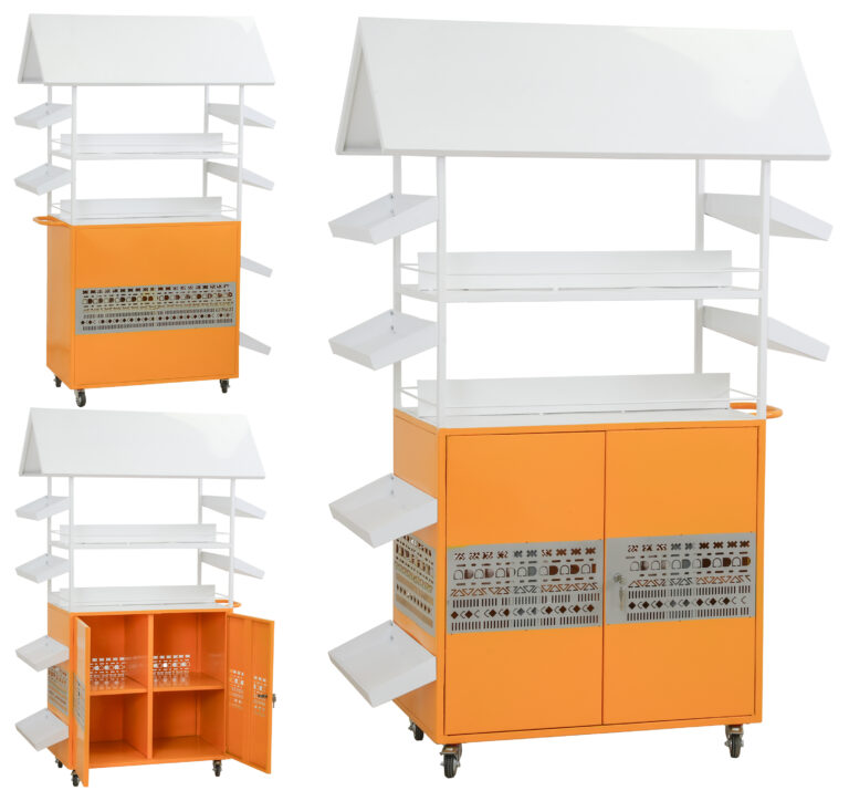 Mobile food cart with white metallic canopy, orange base, side shelves, and lockable storage compartments on castors