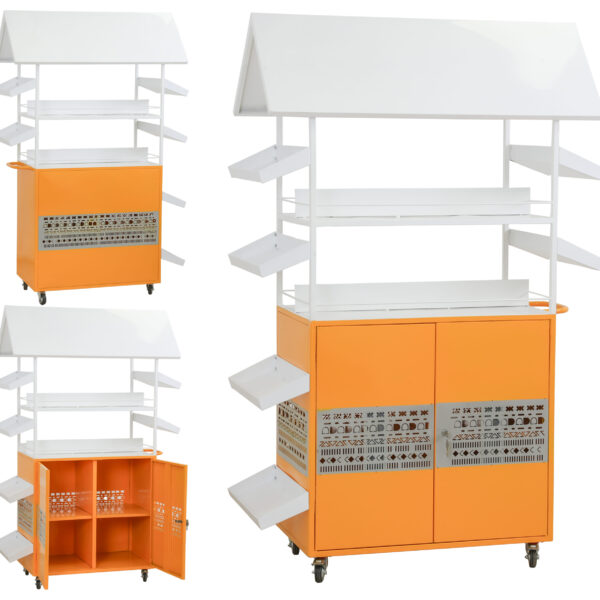 Mobile food cart with white metallic canopy, orange base, side shelves, and lockable storage compartments on castors