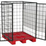 Metal pallet cage with stackable wire mesh sides and a red plastic pallet base, shown with an open front gate