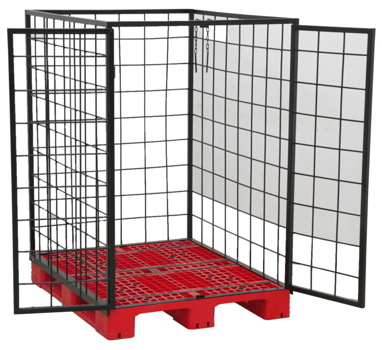 Metal pallet cage with stackable wire mesh sides and a red plastic pallet base, shown with an open front gate