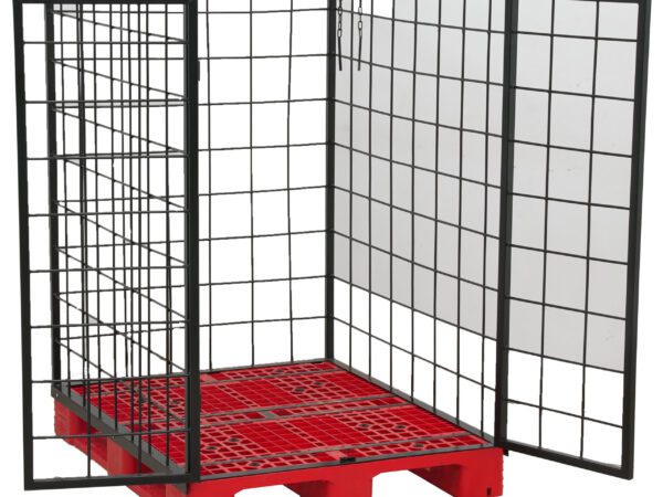 Metal pallet cage with stackable wire mesh sides and a red plastic pallet base, shown with an open front gate